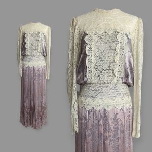 Jessica McClintock Icy Violet Satin Jacquard Edwardian Pleated Blouson Dress
